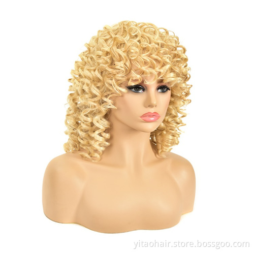 Fluffy Kinky Curly Synthetic Hair Glueless Wig  Afro Wave Curls Wigs for Black Women Blonde Loose Curled Short Bob Hair Bangs